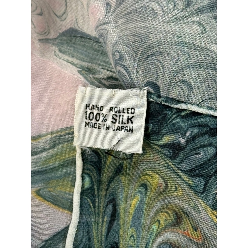 Vintage 100% Silk Scarf Hand Rolled Made in Japan Pink Green Marbled Print 31x31 - Picture 10 of 10